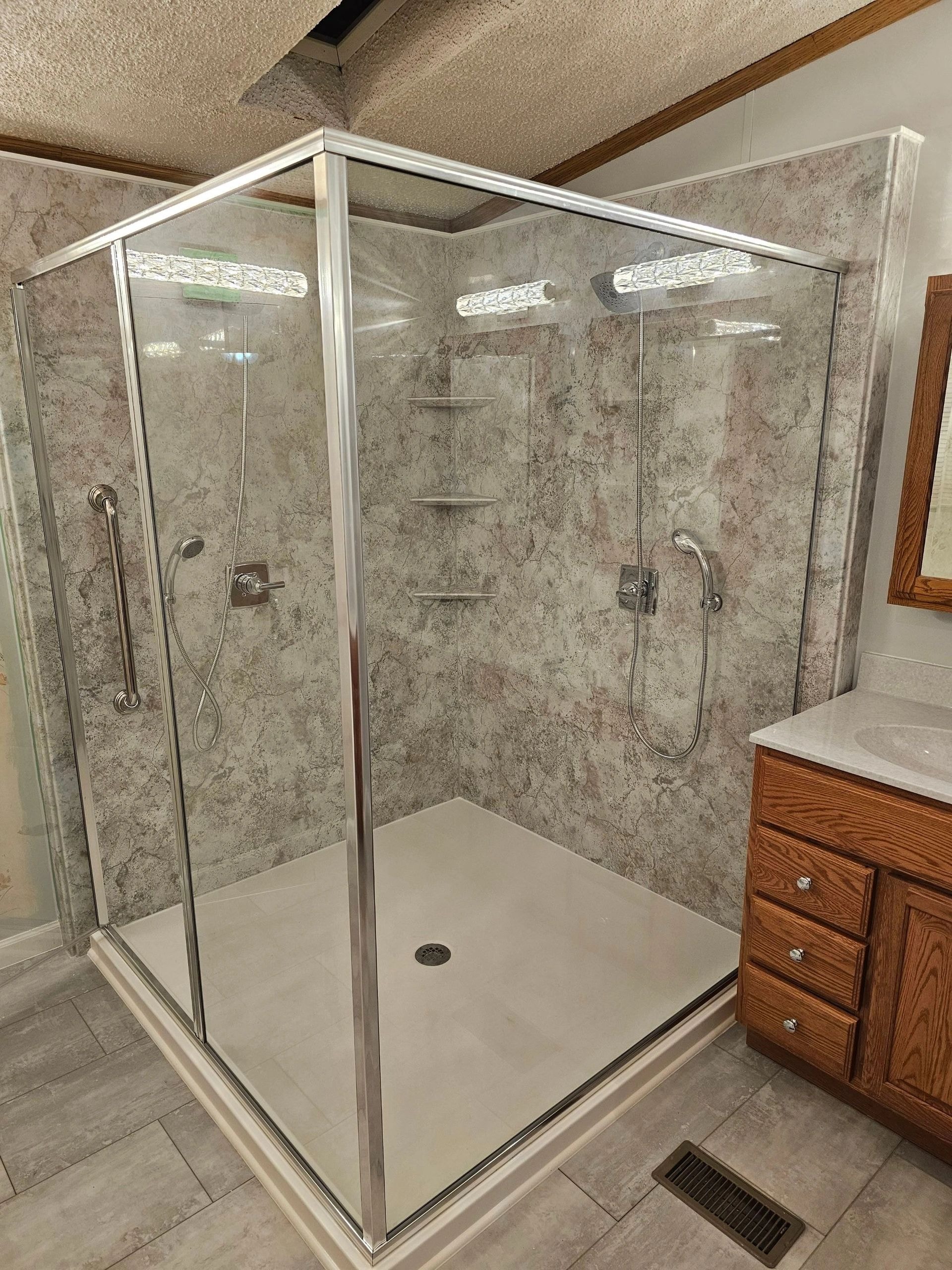 Wilges bathroom after renovation — acrylic shower enclosure by BMW Renovations